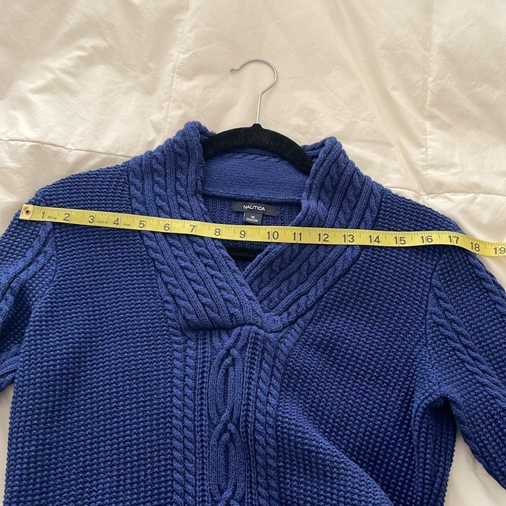 Nautica Women’s Blue V Neck Cotton Knit Cable Sweater - Picture 7 of 13